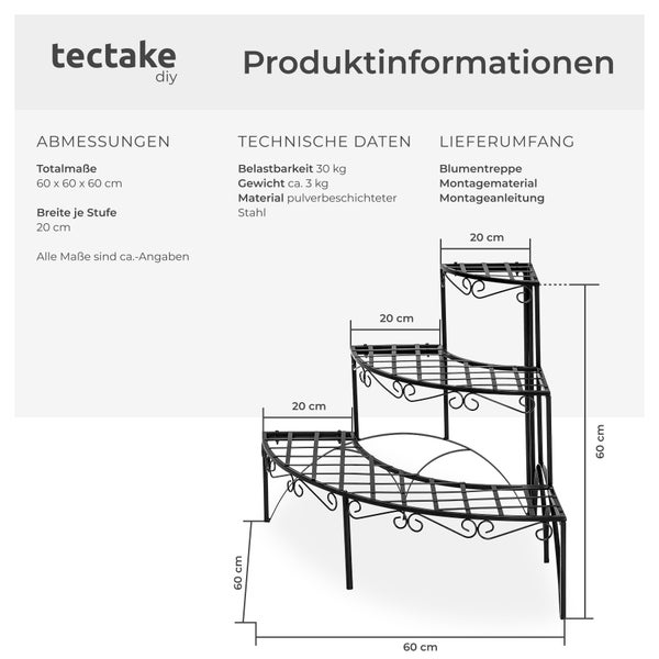 Produktinformationen zur Blumentreppe von tectake diy mit technischen Daten und Abmessungen