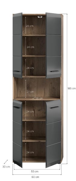 Bad-Hochschrank in Holzoptik mit grauen Türen und offenem Fach. Maße: Höhe 185 Zentimeter, Breite 60 Zentimeter, Tiefe 30 Zentimeter.