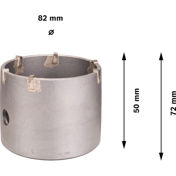 Bohrkrone mit den Maßen 82 mm Durchmesser, 50 mm und 72 mm Höhe