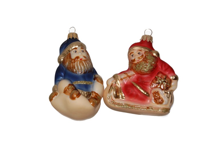 Countryfarbig Rot / Blau 10cm Weihnachtsmann-Set, mundgeblasenes Glas, handdekoriert (2), 2 Stck., Weihnachtsbaumkugeln, Christbaumschmuck, Weihnachtsbaumanhänger