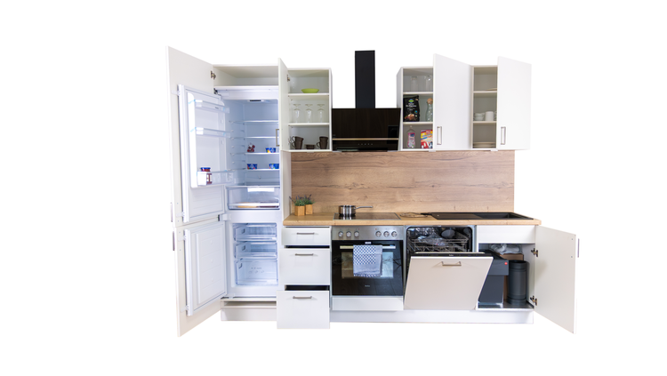 Kompakte Küche mit Kühlschrank, Herd, Dunstabzugshaube, Spülmaschine und Spüle