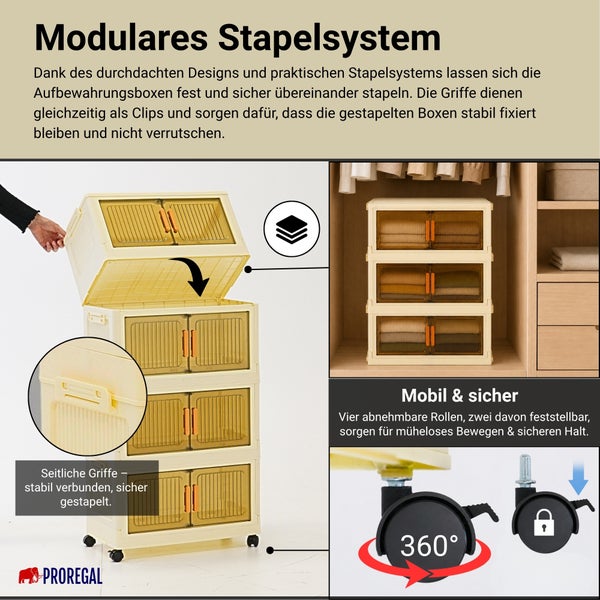 Modulares Stapelsystem mit Aufbewahrungsboxen auf Rollen, stabil stapelbar durch seitliche Griffe, inklusive 360 Grad Rollen. PROREGAL Logo.