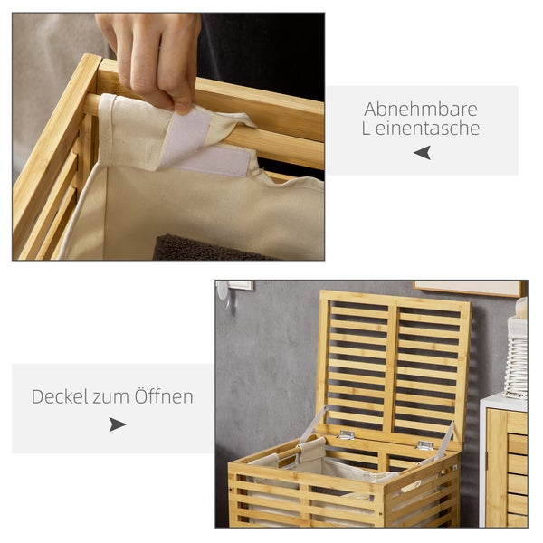 HOMCOM Bambus Wäschekorb mit 63 L Wäschesammler mit Deckel herausnehmbarer Wäschesack, Stange, Laundry Baskets Wäschebox für Waschküche Schlafzimmer Badezimmer Naturholz