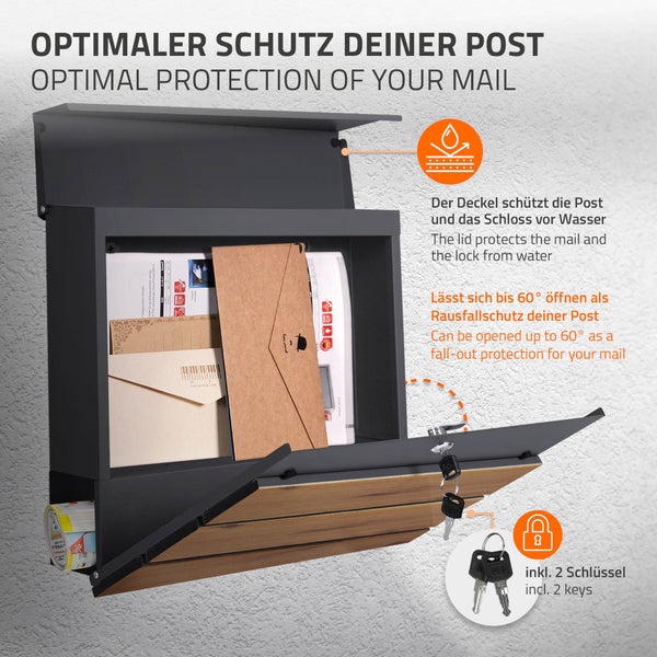 ECD Germany Standbriefkasten mit Zeitungsfach, Design Briefkasten mit Pfosten, Briefkastenanlage, Briefkastenständer 120 cm Anthrazit Edelstahl, Postkasten Anthrazit Holzoptik Stahl 37 x 37 x 11 cm