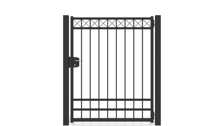 Gartentor ZAUNGURU BASIC-Linie Oldenburg Kreuz aus Metall, Höhe: 163cm, Breite: 150cm, 1-flügelig inkl. Pfosten, Schloss und Zubehör, Feuerverzinkt und in RAL 7016 Anthrazitgrau pulverbeschichtet
