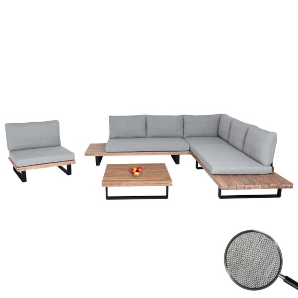 Garten-Lounge-Set aus Holz mit schwarzen Metallbeinen, Ecksofa, Sessel und Couchtisch, graue Polster. Detailansicht zeigt die Stoffstruktur.