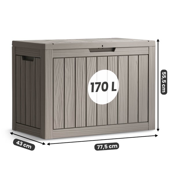 Gartenbox in Holzoptik, Fassungsvermögen 170 Liter. Maße: Breite 77,5 Zentimeter, Tiefe 43 Zentimeter, Höhe 55,5 Zentimeter.
