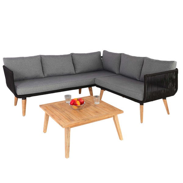 Garten-Lounge-Set bestehend aus Ecksofa mit grauen Polstern und Seilgeflecht sowie quadratischem Holztisch mit Holzbeinen.