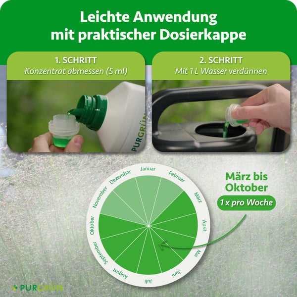 Anwendungshinweise für Purgrün Dünger mit Dosierkappe und grafischer Darstellung der Anwendungsmonate März bis Oktober.
