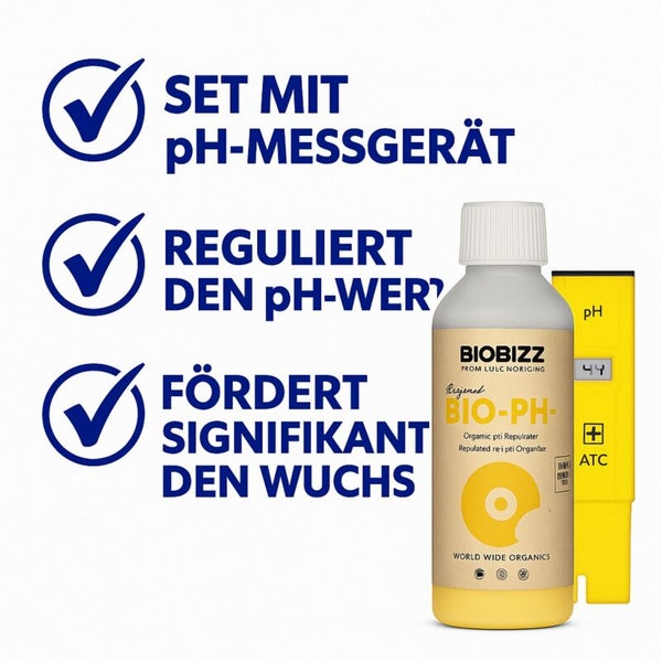 Biobizz Bio-pH- Set mit digitalem pH-Messgerät zur Regulierung des pH-Werts und Förderung des Pflanzenwachstums.