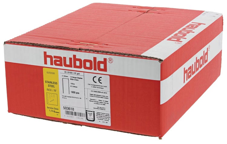Karton mit Haubold Klammern aus Edelstahl, 100 Millimeter Länge, 1600 Stück, für den Außenbereich.