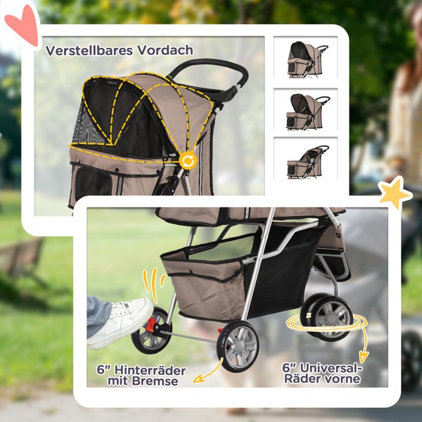 PawHut Hundewagen, 75L x 45B x 97H cm, 600D Oxford, Nylon-Netzgitter, Kaffeebraun+Silber