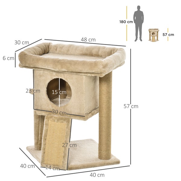 PawHut Kratzbaum 57 cm Kleiner Katzenbaum mit Katzenhöhle, Liegeplattform, Katzenkratzbaum mit Kratzbrett, Spielball, Katzenmöbel für Katzen bis 5 kg, Kaffee