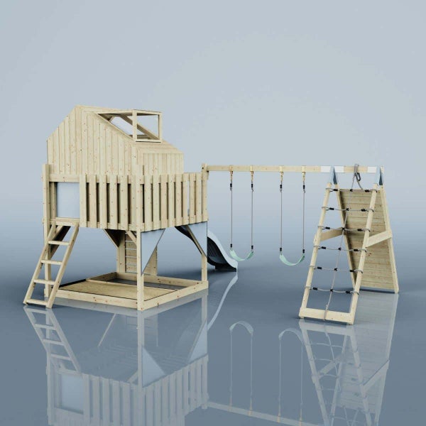 Spielturm aus Holz mit Spielhaus, Rutsche, Doppelschaukel und Kletterwand für den Garten.