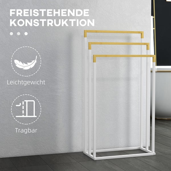 kleankin Handtuchhalter Freistehend, Handtuchständer mit 3 Handtuchstangen Badetuchhalter für Badezimmer Stahl Bambus Weiß