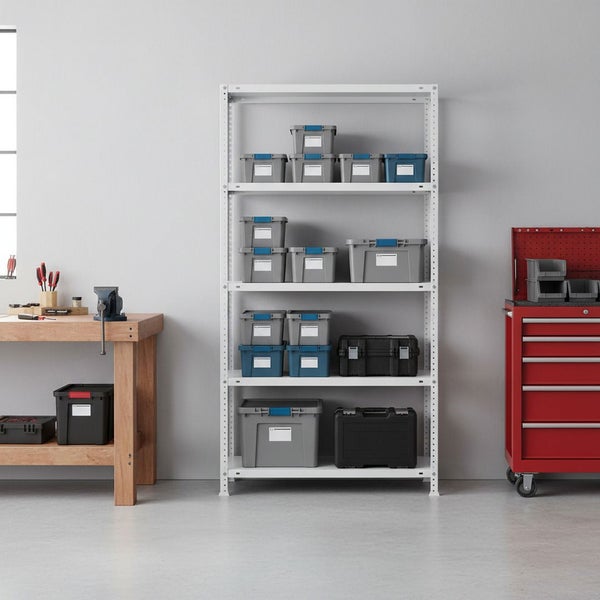 Weißes Metallregal in einer Werkstatt mit Holzwerkbank und rotem Werkzeugwagen, organisiert mit Aufbewahrungsboxen und Werkzeugkoffern.