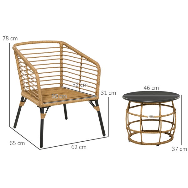 Outsunny Rattan Gartenmöbel-Set, 3-TLG. Sitzgruppe, inkl. Couchtisch und 2 Stühle, Bistro-Set mit Kissen, Balkonmöbel für Terrasse, Balkon, Stahl, Sand+Dunkelgrau