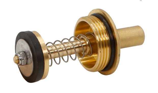 Messing-Ablaufventil-Mechanismus mit Feder und Gummidichtung.