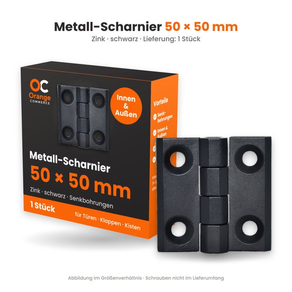Metall Scharnier 50 mal 50 Millimeter aus Zink mit Senkbohrungen inklusive Produktverpackung von Orange Commerce