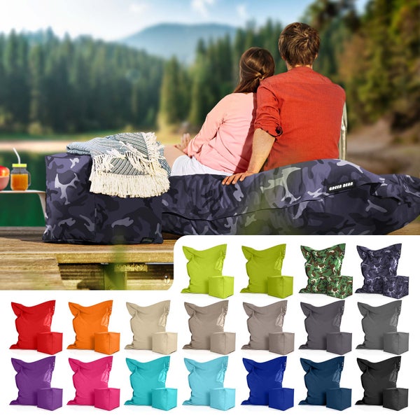 Green Bean 2er Set XXL Sitzsack inkl. Pouf fertig befüllt mit EPS-Perlen - Riesensitzsack 140x180 Lounge Sitz-Kissen Bean-Bag Chair  - Camouflage