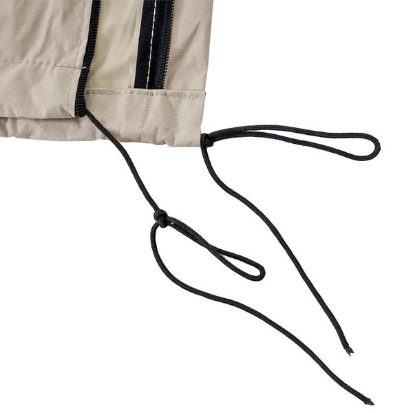 Detailaufnahme von Kordelenden an einer Stoffabdeckung mit Reißverschluss