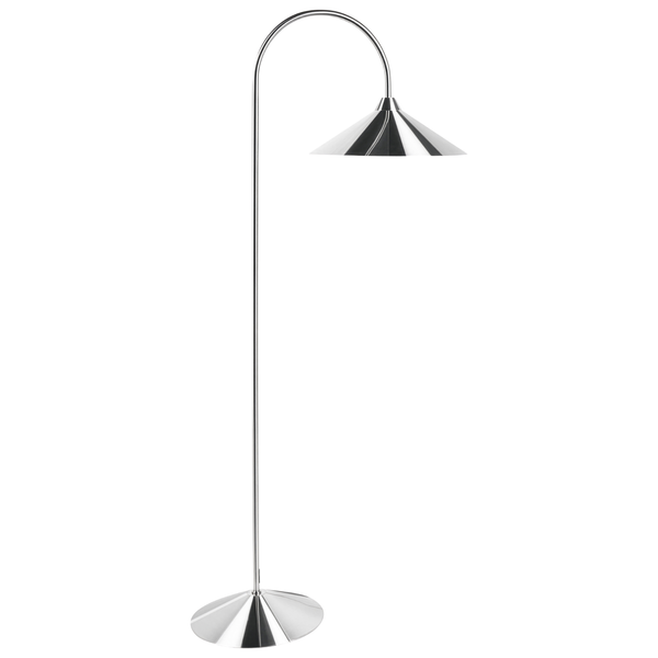 Stehlampe mit gebogenem Arm und schirmförmigem Lampenkopf