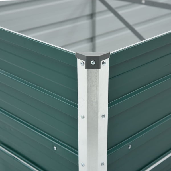 Detailansicht einer Ecke eines Metallhochbeetes mit Eckverbindung und Verschraubung.