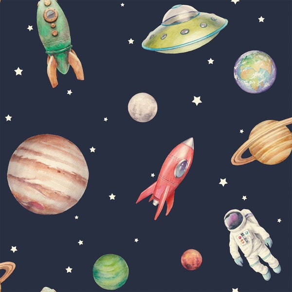 Weltraum Tapete mit Raketen, Planeten, Sternen, Raumschiff und Astronaut