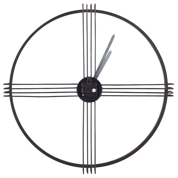 Moderne minimalistische Wanduhr aus Metall mit kreisförmigem Rahmen und sich kreuzenden Metallstäben.
