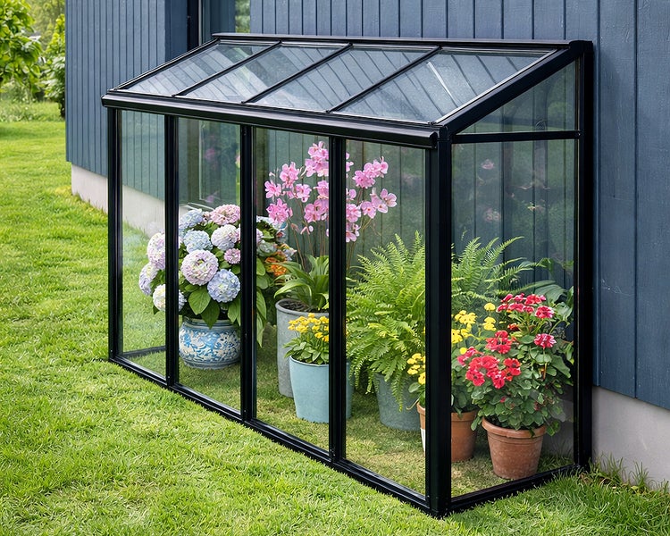 Schwarzes Anlehn-Gewächshaus aus Aluminium und Glas mit verschiedenen Topfpflanzen im Garten an einer Hauswand.