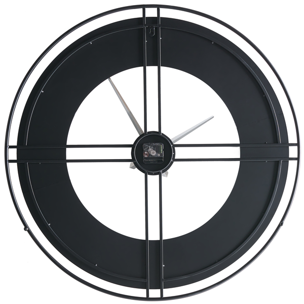 Rückansicht einer runden Wanduhr aus Metall mit sichtbarem Uhrwerk in der Mitte und minimalistischem Rahmendesign.