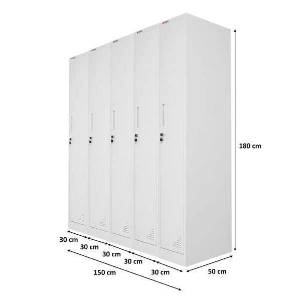 Proregal Metall-Garderobenschrank mit 5 Abteilen, Höhe 180 Zentimeter, Breite 150 Zentimeter, Tiefe 50 Zentimeter, lichtgrau.