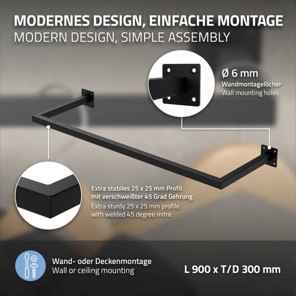 ML-Design Kleiderstange Rechteck für die Wand, T30cm x B90cm, Schwarz, aus Stahl, rostfrei, Garderobenstange U-Form, Kleiderständer Wandmontage, Kleidergestell Garderobenhalter, inkl. Montagematerial