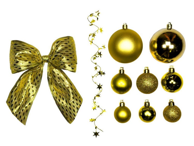 Set mit Weihnachtsbaumschmuck bestehend aus einer Schleife, einer Sternengirlande und acht Weihnachtskugeln in verschiedenen Ausführungen
