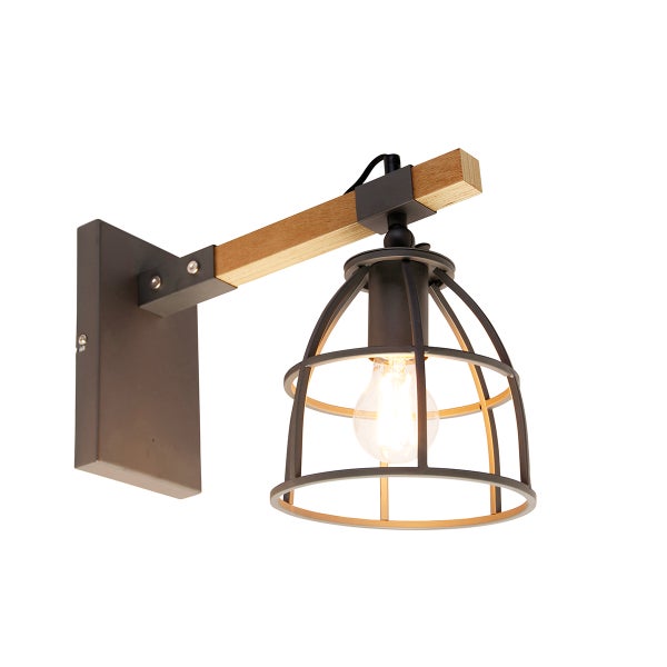 Wandleuchte im Industrial Stil aus Holz und Metall mit einem käfigartigen Leuchtenschirm und einem Leuchtmittel.