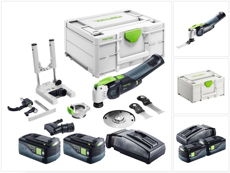 Festool VECTURO OSC 18 E-Basic Set Akku Oszillierer 18 V Starlock Max Brushless + 2x Akku 5,0 Ah + Ladegerät + 7 tlg. Zubehör Set + Systainer