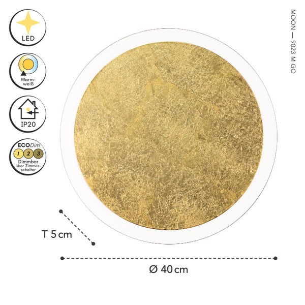 Runde LED Deckenleuchte Moon, goldfarben strukturiert, Durchmesser 40 Zentimeter, Tiefe 5 Zentimeter, warmweißes Licht, dimmbar über Lichtschalter.