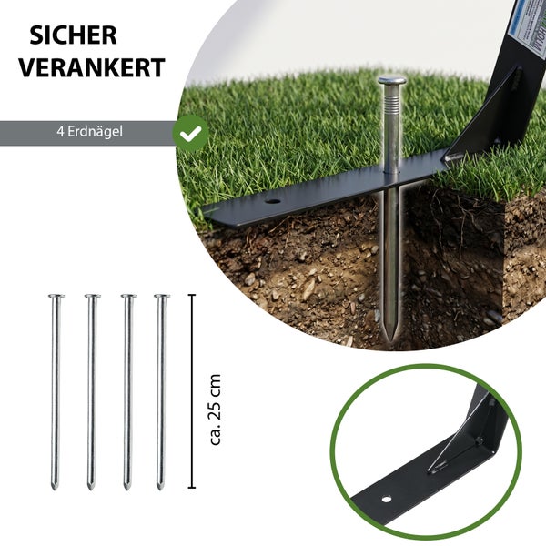 Vier Erdnägel aus Metall, Länge circa 25 cm, zur sicheren Verankerung von Rasenkanten und Gartenprofilen im Boden.