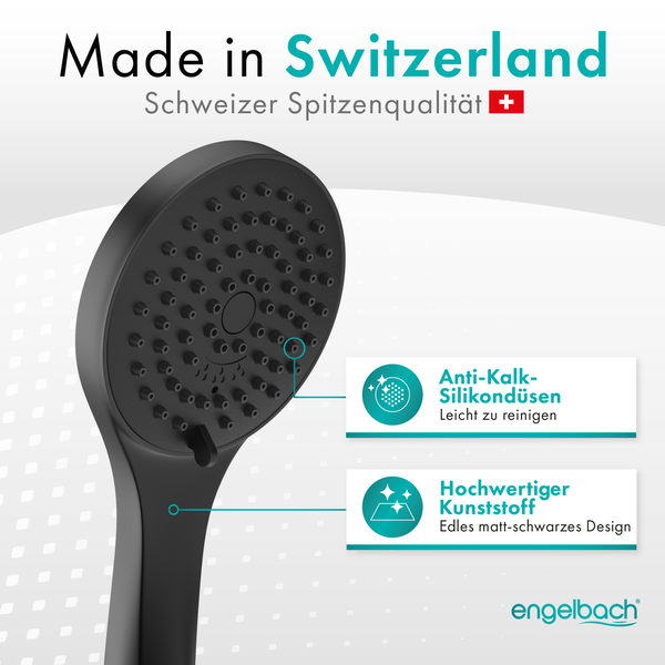 Engelbach® Handbrause 3 Strahlarten, Universal Duschbrause (9L/Min) - Matt Schwarz