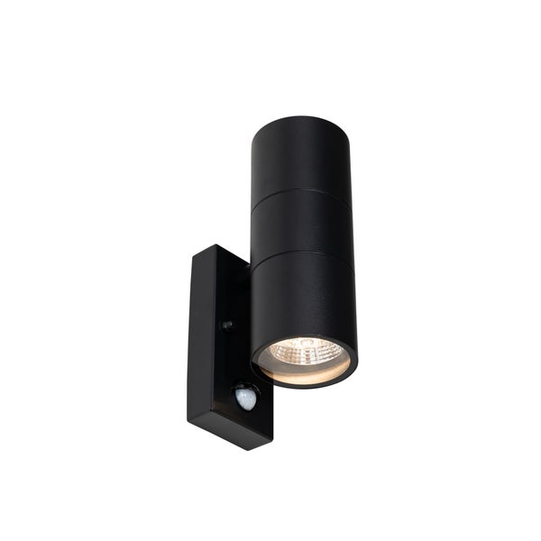Schwarze zylindrische Außenwandleuchte mit Bewegungsmelder und nach unten gerichtetem Licht.