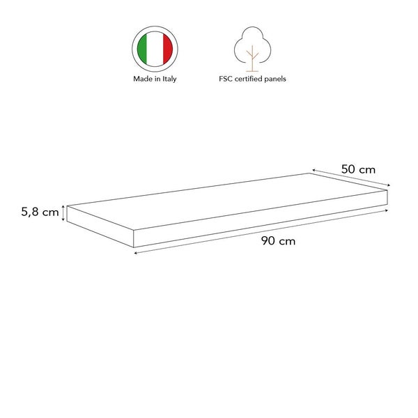 Wandregal mit den Maßen 90 mal 50 mal 5,8 Zentimeter. Produkt aus Italien mit FSC zertifizierten Holzwerkstoffen.