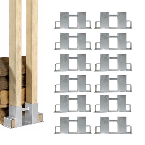 Set mit 12 Kaminholzstapelhilfen aus verzinktem Stahl zur stabilen Lagerung von Brennholz mit Holzpfosten