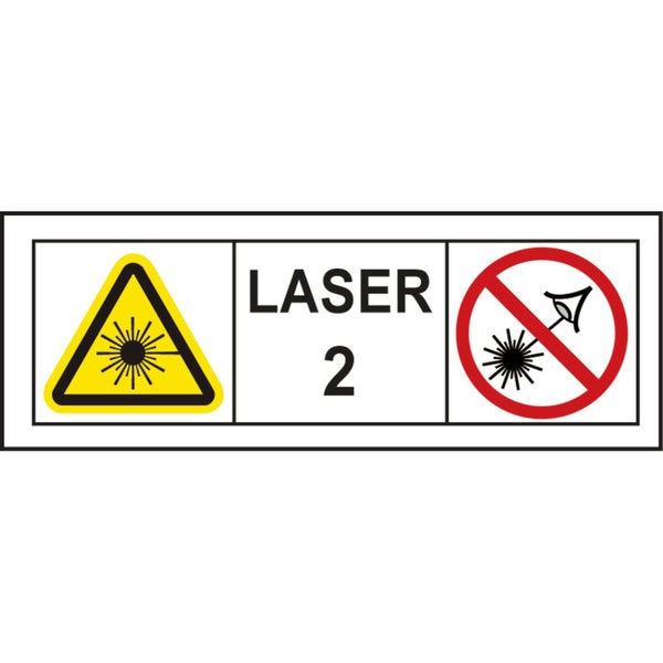 Warnschild Laser Klasse 2 mit Warnung vor Laserstrahlung und dem Hinweis nicht in den Strahl zu blicken.