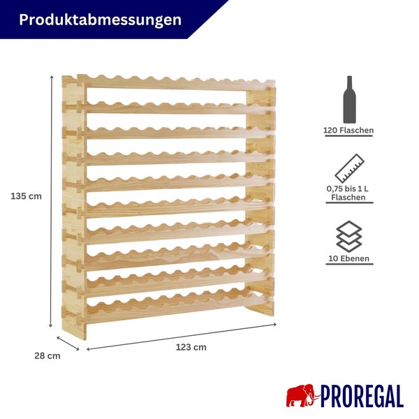 Weinregal aus Holz mit Abmessungen: Höhe 135 Zentimeter, Breite 123 Zentimeter, Tiefe 28 Zentimeter. Für 120 Flaschen auf 10 Ebenen. Proregal Logo.