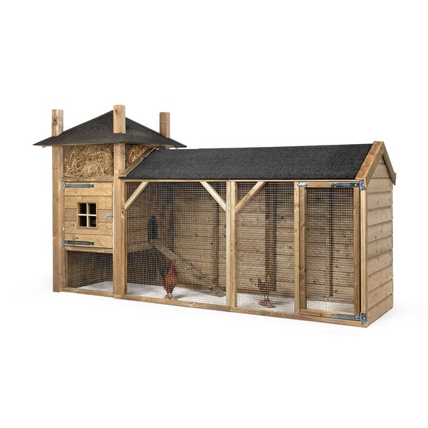 Hühnerstall aus Holz mit Dachpappe und Drahtgitter