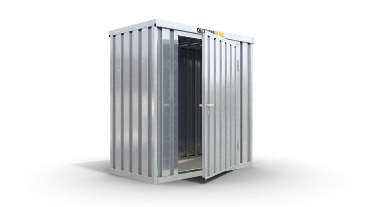 Lagercontainer Gerätehaus S  – 4 qm, H2150 x B2100 x T2170 mm, verzinkt, mit Holzfußboden, 1270 mm Einflügeltür mittig in Breitseite, zerlegt