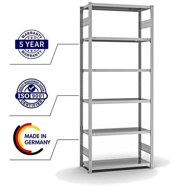 PROREGAL Fachbodenregal Stecksystem T-Profil Light-Duty Grundregal HxBxT 250 x 100 x 40 cm 6 Ebenen Fachlast 145 kg Beidseitig Nutzbar Verzinkt