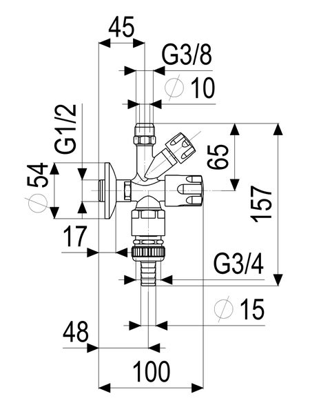 Technische Zeichnung eines Kombi-Eckventils mit Maßangaben in Millimetern. Anschlüsse: G 1/2, G 3/8 und G 3/4. Gesamthöhe 157 Millimeter.
