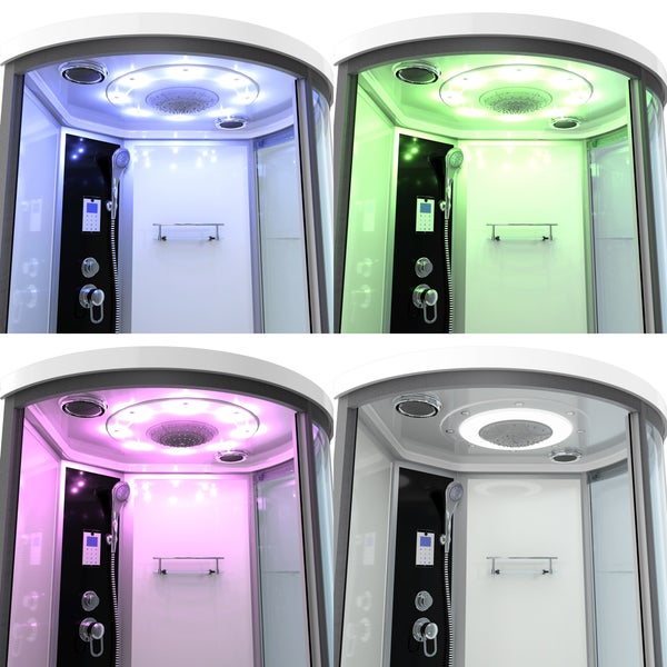 Innenansicht einer Duschkabine mit Deckenbeleuchtung, Regenbrause, Handbrause, Armaturen und Glasablage.