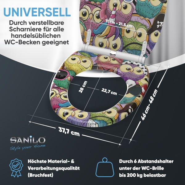 Sanilo Toilettensitz mit Eulen-Motiv, bruchfest, Maße 37,7 mal 46 bis 48 Zentimeter, belastbar bis 200 Kilogramm, universell passend. Sanilo Logo.